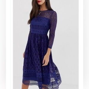 ASOS Lace Long Sleeve Skater Dress in Navy Blue